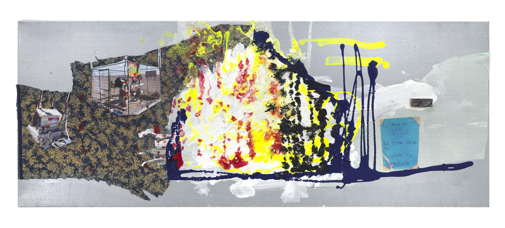Martin Schepers - Im Lithiumdreieck - Ausstellung München/Bochum - Völlig mittellos dastehen, 29 x 75 cm, 2023 Stoff, Emaillefarben, Fotografie, Salz auf Metall (large)