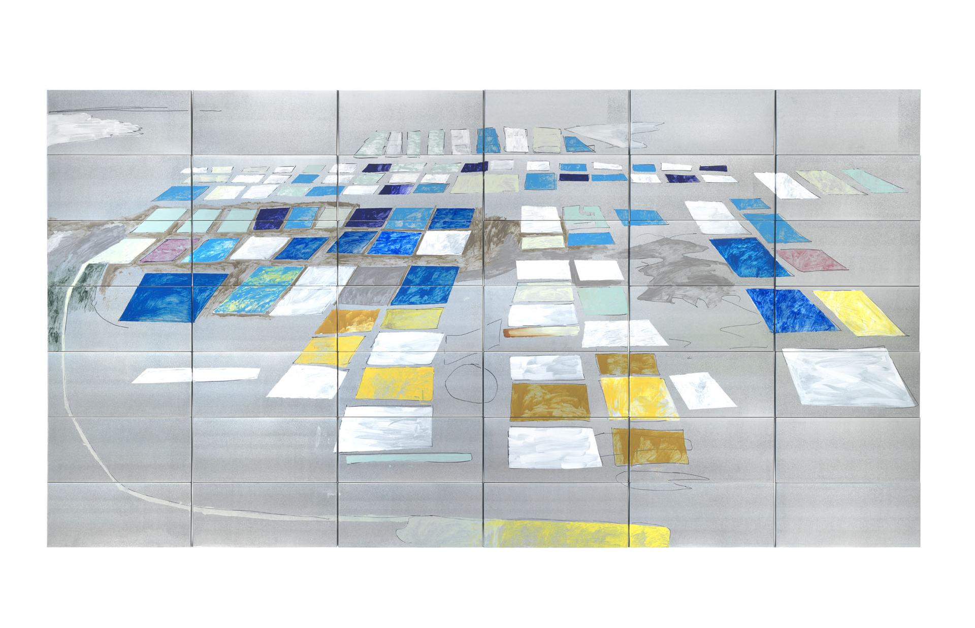 Martin Schepers - Im Lithiumdreieck - Ausstellung München/Bochum - Wir verdunsten, 189 x 360 cm, 2022-2023 42 Metallplatten, Emaillefarbe, Marker (large)
