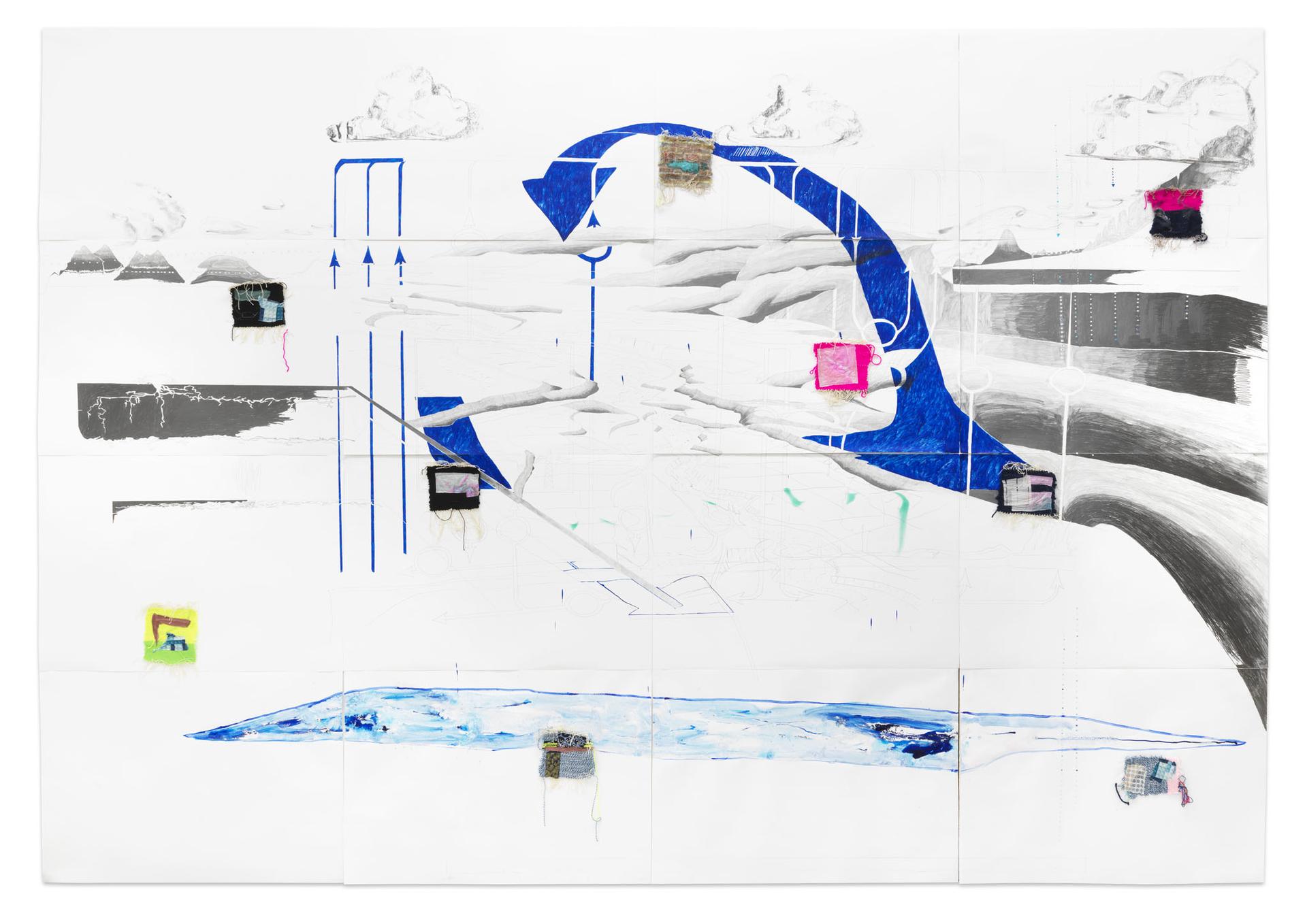Martin Schepers - Im Lithiumdreieck - Ausstellung München/Bochum - Giftreife, 208 x 400 cm, 2022 Graphit, Garn, Tusche, Salzalaun auf Papier (large)