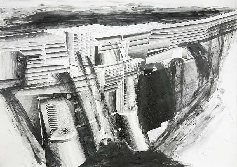 Martin Schepers - La Fuite - Barrage, Graphit auf Papier, 150 x 212 cm, 2016